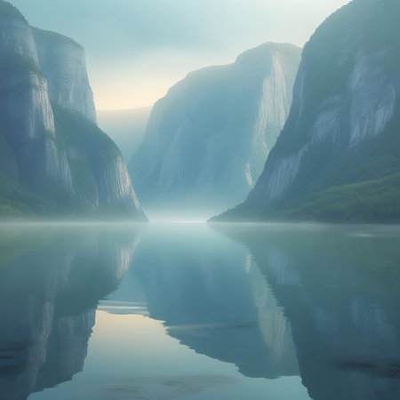A breathtaking view of a serene fjord with towering, steep cliffs on either side. The calm water perfectly reflects the majestic mountains and the soft, hazy mist that blankets the distant landscape. Lush green vegetation clings to the lower slopes of the cliffs, contrasting with the cool blue and grey tones of the rock faces. The sky above is a pale blue with a hint of sunlight breaking through the atmospheric haze.の素材