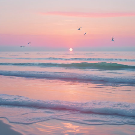 A tranquil ocean scene at sunrise, with the sun a soft orb on the horizon casting a warm glow across the pastel pink and orange sky. Gentle waves roll onto the sandy shore, their foam reflecting the soft light. Several seagulls are silhouetted against the sky as they fly gracefully.の素材