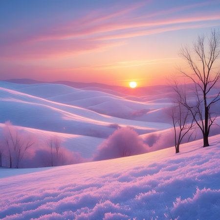 A breathtaking winter landscape unfolds under a soft sunrise or sunset sky painted with delicate pink, purple, and orange hues. Rolling snow-covered hills create a gentle, undulating terrain, with patches of frost-kissed vegetation adding subtle texture. Bare, silhouetted trees with intricate branches dot the foreground and midground, their forms stark against the vibrant sky. The sun, a bright orb, casts a warm glow, illuminating the snow and creating a dreamlike, serene atmosphere.の素材