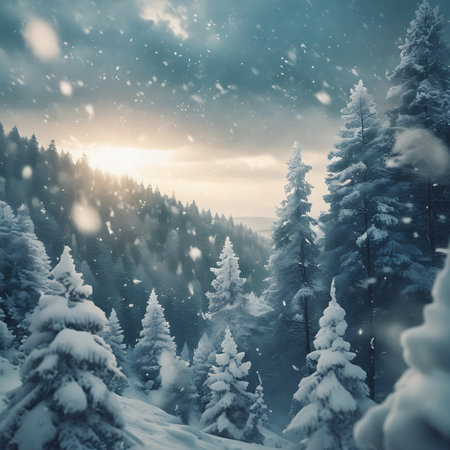 This image captures a serene winter scene in a forest valley covered in snow. Snowflakes are falling, and the sun is breaking through the clouds, casting dramatic sunbeams across the landscape. Evergreen trees are heavily dusted with snow, creating a beautiful and tranquil winter vista.の素材