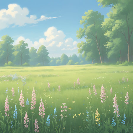 A wide, sunlit meadow filled with lush green grass and scattered wildflowers in shades of pink, blue, and yellow. Tall, verdant trees line the horizon, forming a dense forest in the background. The sky is a clear blue with fluffy white clouds, casting a soft light over the tranquil landscape.の素材