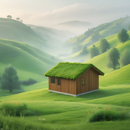 A small wooden cabin featuring a distinctive green mossy roof is situated on a verdant, rolling hillside. The surrounding landscape is characterized by soft, rolling green hills partially obscured by a gentle mist, creating a serene and ethereal atmosphere. Lush green grass covers the terrain, interspersed with trees. The soft daylight illuminates the picturesque and tranquil rural scene.の素材