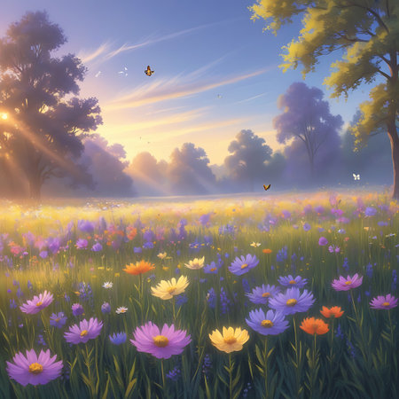 A tranquil wildflower meadow is awash in the soft, hazy light of early morning or late afternoon. Numerous colorful flowers, including purple, yellow, and orange varieties, are in full bloom. Butterflies are scattered throughout the scene, and trees with soft foliage are visible in the background.の素材