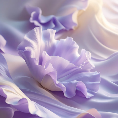 A close-up perspective of soft lavender flower petals with delicately ruffled edges resting on flowing, silken fabric. The fabric exhibits smooth folds and a subtle sheen, catching the light to create a gentle play of light and shadow. The color palette is soft and pastel, evoking a sense of tranquility and ethereal beauty.の素材