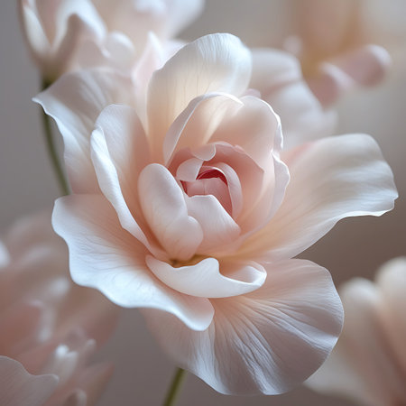 This image is a soft-focus close-up of a pale pink rose, highlighting its delicate, layered petals. The gentle curves and soft texture of the bloom are emphasized by subtle lighting, creating an atmosphere of serene elegance and natural beauty.の素材