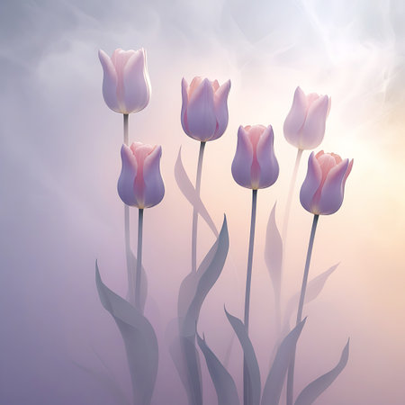 A delicate arrangement of six pastel-colored tulips is presented in soft focus. The tulips, predominantly in shades of pale purple and pink, are captured with their petals gently unfurling. Subtle shadows and soft light create a dreamy, ethereal atmosphere. The long, slender stems and leaves are rendered with a translucent quality, blending into the soft, gradient background of muted purples and warm yellows.の素材