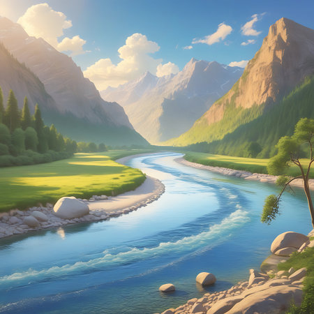 A clear blue river winds its way through a lush green mountain valley. The river's surface reflects the bright blue sky and fluffy white clouds. Steep, majestic mountains rise on either side, covered in dense green forests and grassy slopes. The riverbanks are lined with smooth, light-colored rocks and pebbles, with patches of sand. A lone tree stands on the right bank.の素材