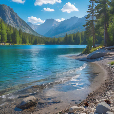 A tranquil mountain lake with clear, turquoise water. Gentle waves lap against a sandy and pebbly shore where pine cones lie. The lake is surrounded by a dense forest of pine trees that climb the slopes of majestic mountains under a clear blue sky with white clouds. The reflection of the sky and trees is visible on the calm water surface.の素材