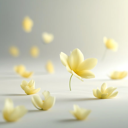 A single, delicate yellow flower with five petals stands upright on a white surface, its stem a thin green line. Around it, several other yellow flower buds and fallen petals are scattered, some in focus and others softly blurred. The background is a bright, diffused white, creating a clean and airy aesthetic.の素材