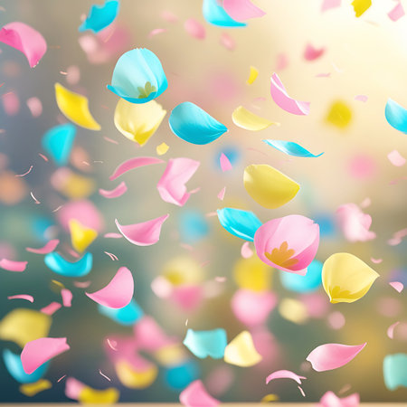 A close-up, shallow depth of field view captures numerous soft pastel-colored flower petals gently falling. The petals are in shades of pink, yellow, and light blue, with some appearing slightly translucent. The background is softly blurred, creating a bokeh effect with warm, glowing lights, suggesting a dreamy and ethereal atmosphere.の素材