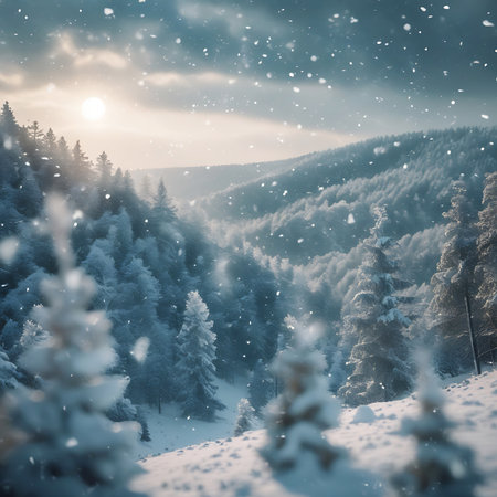 A picturesque winter landscape features a snow-covered mountain slope with numerous evergreen trees. Delicate snowflakes drift down from a partly cloudy sky, while the sun shines brightly, creating soft sunbeams that add a warm glow to the cold scene. The overall atmosphere is one of peaceful winter beauty.の素材