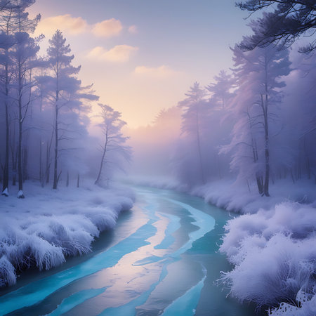 A winding river with patches of ice flows through a serene winter forest at sunrise. Tall pine trees, covered in frost and snow, line the banks. The sky is a gradient of soft pink, orange, and blue hues, with scattered clouds. Mist or fog adds a dreamy quality to the scene, highlighting the cold, tranquil atmosphere of the natural landscape.の素材