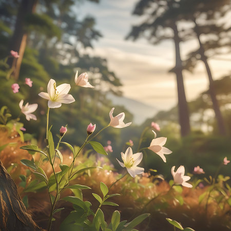 A cluster of soft pink and white flowers with delicate petals are in bloom in a forest clearing, bathed in dappled sunlight. Lush green leaves and stems surround the flowers, with hints of pink buds. The background shows a blurred forest landscape with tall trees and a soft, warm sky, creating a tranquil and serene natural scene.の素材