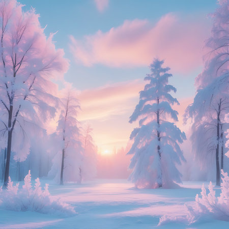 A tranquil winter forest scene under a soft pastel sunset sky. Snow-laden trees stand amidst gently rolling snow drifts. The sky transitions from blue to soft pink and orange, casting a warm, ethereal glow over the frosted landscape.の素材