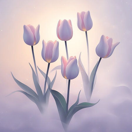 A cluster of six delicate tulips with pale pink and white petals are arranged in a soft, ethereal setting. Gentle mist or fog surrounds the lower parts of the flowers and their green stems and leaves. The background is a soft gradient of warm, hazy light, creating a dreamy and tranquil atmosphere. The lighting highlights the subtle colors and soft textures of the tulips.の素材