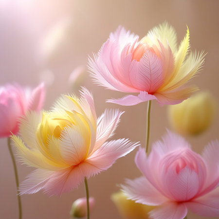 This image features several soft pink and yellow flowers with delicate, feathery petals. A warm, ethereal light illuminates the scene from the upper left, casting a gentle glow and creating a blurred bokeh effect in the background. The flowers appear to be unfurling, adding to the sense of delicate beauty and natural grace.の素材