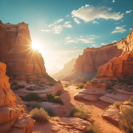 A majestic desert canyon bathed in the warm glow of the setting sun. Sunlight streams through the gap between towering sandstone cliffs, casting long shadows and highlighting the textured rock formations. Sparse green vegetation dots the sandy floor and slopes, adding a touch of life to the arid landscape. The sky above is a vibrant blue, dotted with fluffy white clouds.の素材