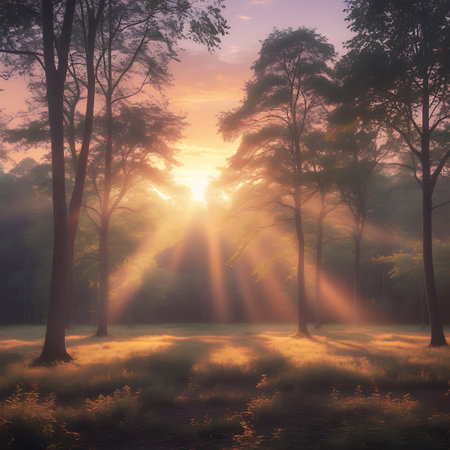 Vegetation showing sunbeams pierce through forest trees at sunrise creating a misty glow keywords: forest, nature, trees, sunbeams, sunrise, dawn, light, rays, mist, fog, woodland, woods, landscape, outdoor, morning, serene, peaceful, tranquil, ethereal, atmospheric, golden hour, dappled light, shadow, grass, field, vegetation, growth, natural, beauty, environment, wilderness, scene, view, sunlight, sky, clouds description: a serene forest scene at sunrise, where golden sunbeams dramatically...の素材