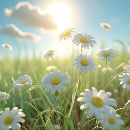 A vibrant scene of white daisies with yellow centers blooming in a lush green grassy field under a bright, sunny blue sky with fluffy white clouds. The sunlight casts a warm glow, highlighting the delicate petals and the texture of the grass. The image conveys a sense of natural beauty, cheerfulness, and the idyllic charm of a summer day.の素材