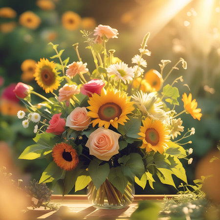 A close-up view of a summer bouquet featuring prominent sunflowers, soft pink and peach roses, and delicate white daisies. The arrangement is illuminated by warm, angled sunlight, creating a glowing effect. Green leaves provide a lush backdrop, and the background is a softly blurred garden scene.の素材