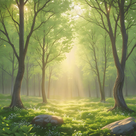 A sun-drenched forest clearing is depicted with a soft, golden light illuminating the scene. Tall trees with green foliage surround the area, and sunbeams stream down, creating a magical atmosphere. The ground is covered in lush green grass, moss, and small white wildflowers. Several large, moss-covered rocks are scattered throughout the clearing, adding texture and grounding the ethereal light. The overall impression is one of deep peace and natural beauty.の素材