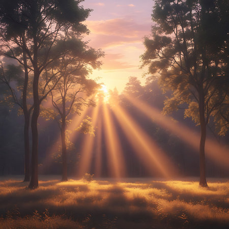 Vegetation showing sunbeams filter through trees in a forest clearing at dawn keywords: forest, nature, trees, sunbeams, sunrise, dawn, light rays, mist, fog, woodland, woods, landscape, outdoor, morning, serene, peaceful, tranquil, ethereal, atmospheric, golden hour, dappled light, shadow, grass, field, vegetation, growth, natural, beauty, environment, wilderness, scene, view, sunlight, sky, clouds, warm light, soft focus description: a tranquil forest clearing at dawn, where soft, golden...の素材