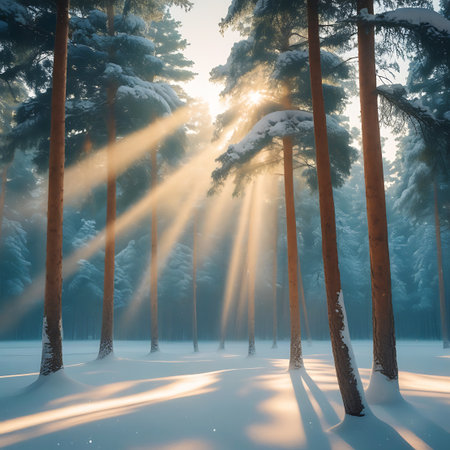 Tall pine trees stand covered in snow within a dense forest. Golden sunbeams stream through the branches, casting long, dramatic shadows across the snow-covered ground. The light creates an ethereal and peaceful atmosphere in this winter woodland scene.の素材