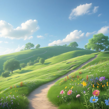 This image depicts a picturesque rolling meadow under a bright blue sky dotted with white clouds. A sandy path winds its way through the vibrant green grass, which is adorned with a diverse collection of colorful wildflowers including pink, blue, yellow, and purple blooms. Several trees are scattered across the undulating landscape, and the overall scene is bathed in warm daylight, creating a peaceful and inviting natural setting.の素材