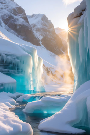 A narrow river flows through a snowy mountain canyon, bordered by striking blue ice formations and snowdrifts. The rising sun casts warm rays through the mist, illuminating the icy structures and the water's surface. Snow-covered rocky peaks rise steeply on either side, creating a dramatic and serene winter landscape bathed in the golden light of dawn.の素材