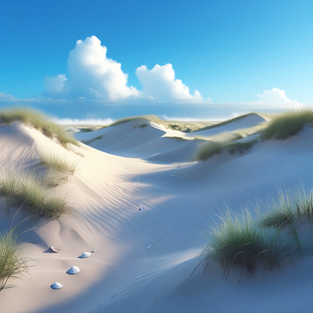 A panoramic view of undulating white sand dunes covered with patches of green dune grass. The sand displays subtle wind patterns. Several seashells are scattered in the foreground. The distant ocean is visible under a bright blue sky with large, puffy cumulus clouds. Sunlight illuminates the scene, creating soft shadows.の素材