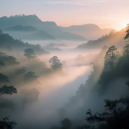 An atmospheric view of a mountain valley bathed in the soft light of sunrise, with layers of mist obscuring the distant peaks. Sunlight filters through the fog, creating a dreamy and ethereal effect. Silhouetted trees frame the scene, adding depth to this tranquil and majestic natural landscape.の素材
