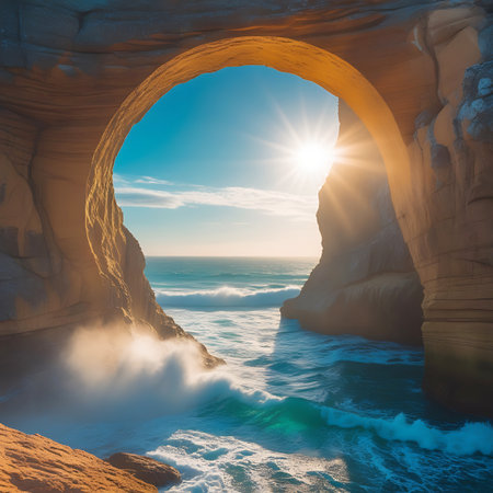 This image presents a serene ocean view seen through a natural rock archway. Gentle waves with turquoise hues are illuminated by the bright sun, which casts soft sunbeams through the opening. The scene evokes a sense of peace and natural beauty along the coast.の素材