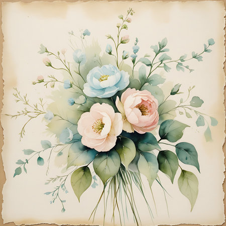 This watercolor artwork showcases a charming floral arrangement. Prominent are soft pink and pale blue peonies with visible yellow stamens. The bouquet is composed of various green leaves and slender stems, interspersed with small, light blue buds. The background is a textured, aged paper effect with slightly distressed edges, giving it a vintage aesthetic.の素材