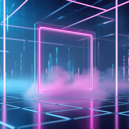A transparent square frame outlined with vibrant pink neon light is positioned in an abstract digital environment. Soft pink smoke or fog emanates from its base, contrasting with the cool blue and purple tones of the surrounding geometric structures and grid floor.の素材