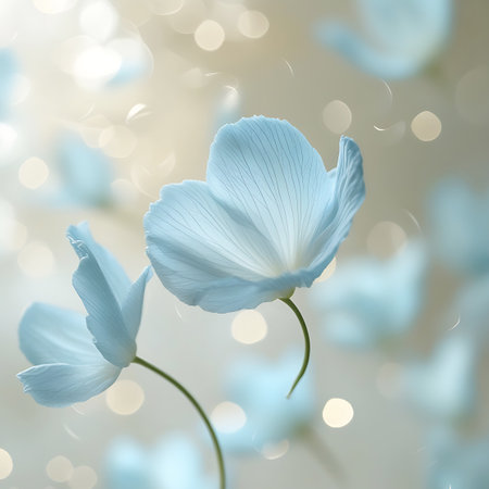 Two delicate, light blue flowers with softly curved petals are presented against a soft, blurred background of warm bokeh lights. The flowers have subtle vein details and appear to be gently swaying. The overall impression is one of serene, natural beauty and ethereal lightness.の素材