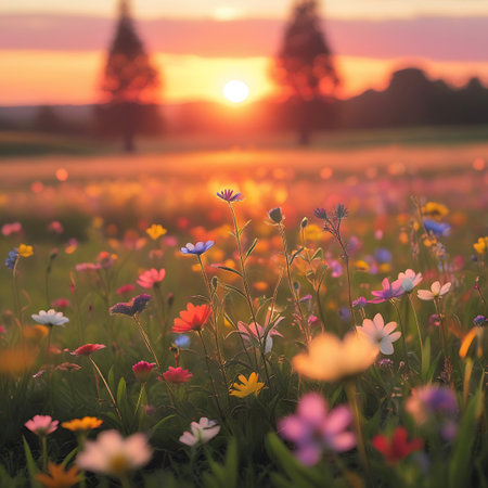 A picturesque wildflower field illuminated by the warm glow of a sunset. The sky is painted with shades of orange and pink, with the sun setting in the distance. Silhouetted trees are visible against the horizon. The field is filled with a variety of colorful blooming flowers, including purple, pink, red, yellow, and white varieties, interspersed with green grass. Some flowers are sharply defined, while others are softly blurred, contributing to a beautiful bokeh effect and an overall serene...の素材