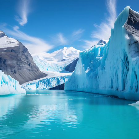 A stunning natural landscape featuring a vibrant turquoise lake reflecting the bright blue sky and wispy clouds. Towering ice formations and glaciers line the shores, with snow-capped mountains forming a dramatic backdrop. The scene evokes a sense of cold, vastness, and the raw beauty of an icy wilderness.の素材