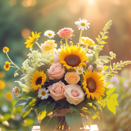 A beautiful bouquet of sunflowers, roses, and daisies is bathed in warm, golden sunlight. The flowers are arranged with lush green leaves, creating a vibrant and cheerful display. The background is softly blurred with bokeh, suggesting a sun-drenched garden setting.の素材
