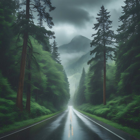 A wet asphalt road stretches into the distance, flanked by dense evergreen trees on both sides. The road surface reflects the overcast sky and the surrounding lush greenery. Mist and fog partially obscure the mountains in the background, creating a moody and atmospheric scene. The dark clouds overhead add to the dramatic feel of the landscape.の素材