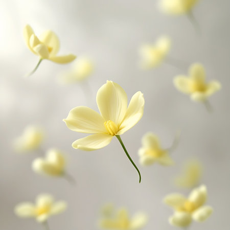 A single, delicate yellow flower with five petals is suspended in mid-air, its stem curving slightly. A multitude of other yellow flower petals and buds are scattered throughout the image, most of them softly blurred, creating a sense of depth and movement. The background is a light, diffused gray, emphasizing the floating floral elements.の素材