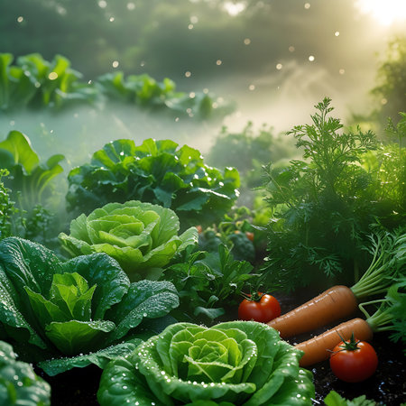 An abundant display of fresh garden vegetables in the soft morning light. Dewdrops cling to the leaves of vibrant green cabbage and lettuce. Bright red tomatoes and orange carrots are nestled amongst the foliage. A gentle mist adds a dreamy quality to the scene, with sunlight filtering through, showcasing the healthy and bountiful harvest.の素材