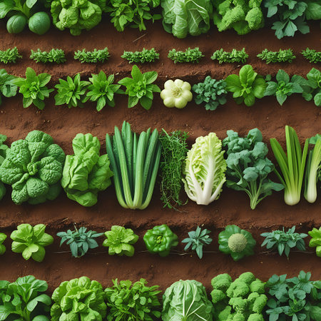 This image displays a variety of fresh green vegetables and herbs arranged in distinct horizontal rows within brown soil. The selection includes leafy greens like lettuce and bok choy, cruciferous vegetables such as broccoli and cauliflower, and aromatics like scallions and herbs. The presentation is neat and organized, showcasing a diverse collection of healthy produce.の素材