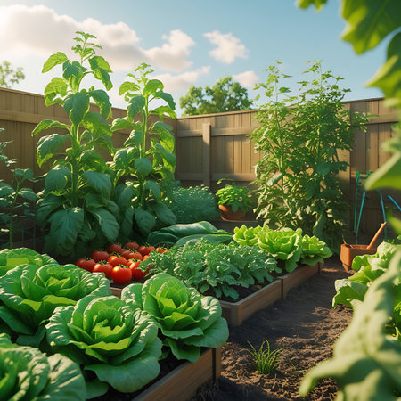 A vibrant and abundant vegetable garden is showcased under a bright blue sky with fluffy white clouds. Raised wooden beds are filled with lush green lettuce, cabbage, and ripening tomatoes. Tall sunflower stalks and other leafy greens reach towards the sun, bordered by a warm wooden fence. Gardening tools are visible, suggesting active cultivation.の素材