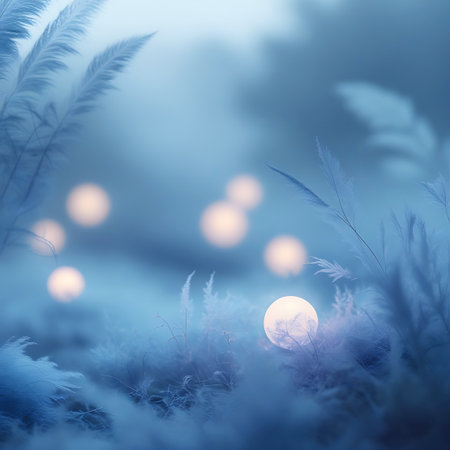 A serene blue twilight scene featuring soft, glowing spheres of light nestled amongst feathery pampas grass. The background is a gentle blur of cool blues and subtle pinks, creating an ethereal and dreamlike atmosphere. The image evokes a sense of peace and wonder.の素材