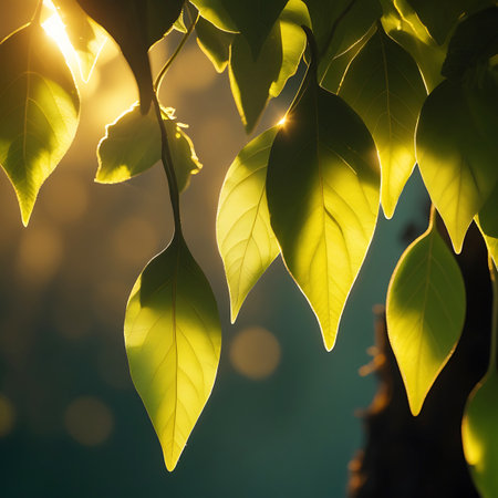 A close-up shot of lush green leaves hanging from a branch, bathed in warm sunlight. The light filters through the leaves, highlighting their delicate veins and creating a soft, glowing effect. The background is a blurred bokeh of warm tones.の素材