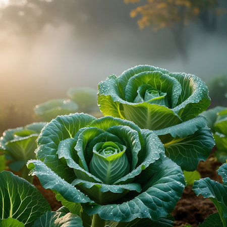 This image features two prominent green cabbage heads in the foreground, their layered leaves covered in tiny, reflective dew drops. The soft, golden light of sunrise filters through a light fog, highlighting the textures and vibrant color of the vegetables. The background is blurred with more cabbages and warm light.の素材