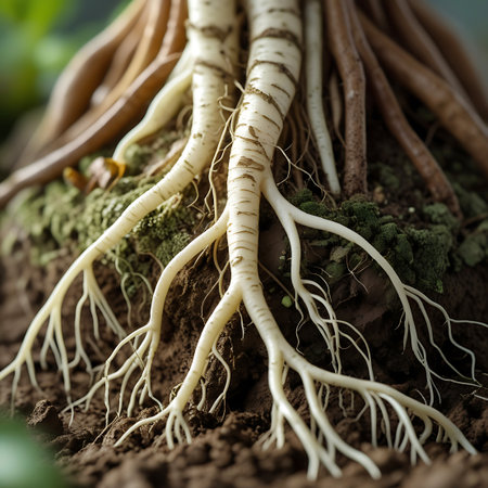 Earthy showing close-up of thick, gnarled plant roots emerging from dark soil keywords: roots, plant, soil, earth, close-up, gnarled, thick, organic, growth, nature, underground, texture, brown, white, detail, natural, agriculture, botany, life, system, structure, macro, garden, farm, digging, harvest, natural history, biology, root system, plant life, earthy, natural elements, natural beauty, intricate, detailed description: a detailed close-up view of thick, gnarled plant roots emerging...の素材