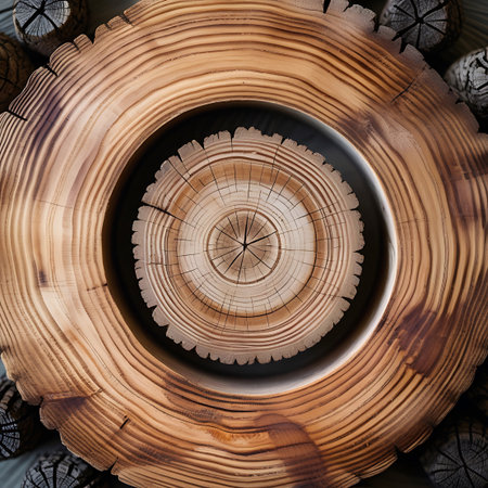 Surrounding showing concentric wood slices with a central core and surrounding logs. High resolution image suitable for commercial use. Clear details and vibrant colors enhance visual appeal.の素材