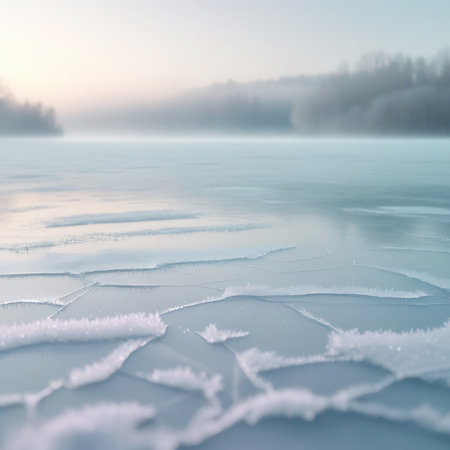 The foreground shows a close-up of a cracked and broken ice surface on a frozen body of water. Frost crystals are visible along the edges of the ice fissures. The background is a soft, hazy landscape with blurred trees and hills shrouded in mist, creating a serene and tranquil winter atmosphere. The colors are muted blues and whites.の素材
