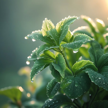 A close-up shot of lush green leaves covered in numerous clear dew drops. The water droplets glisten, reflecting the soft morning light. The leaves are a deep, healthy green, and their texture is enhanced by the moisture. The background is softly blurred, creating a peaceful and natural atmosphere. The image conveys a sense of freshness and the vitality of nature.の素材